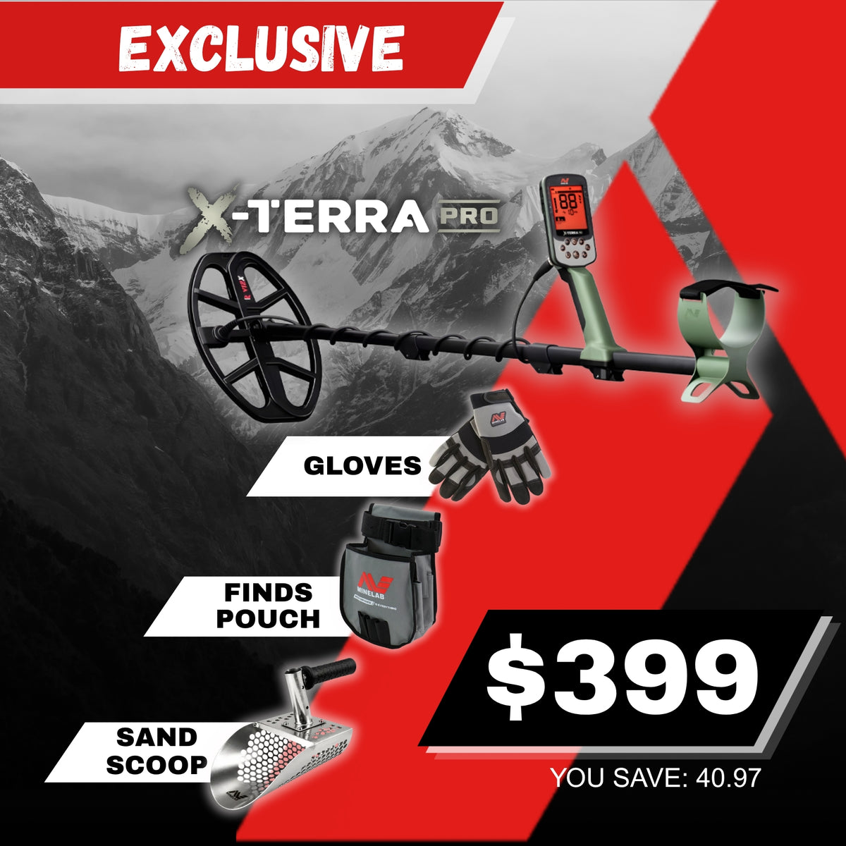 Promotional graphic for the X-Terra Pro metal detector bundle, featuring the black and olive green metal detector over a grayscale mountain background, with accessories including gloves, a pouch, and a sand scoop. Large text reads 'EXCLUSIVE', 'X-TERRA PRO', 'GLOVES', 'FINDS POUCH', 'SAND SCOOP', and the price '$399'.