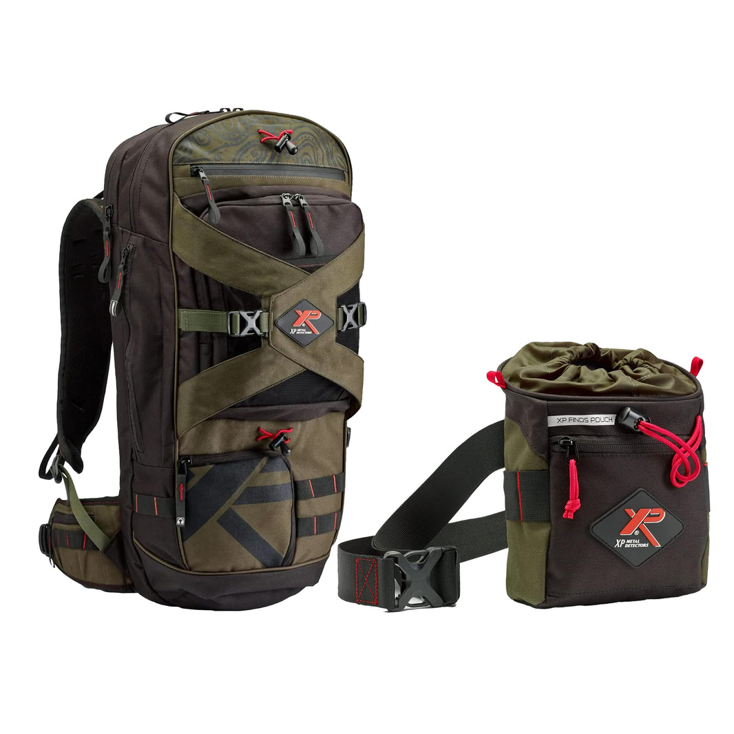 XP Backpack 280 with finds pouch showing MOLLE attachment system and multiple compartments for Deus and ORX metal detectors