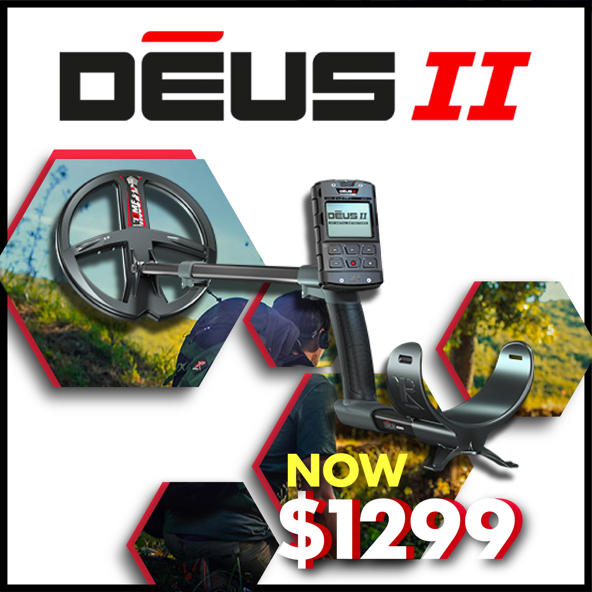 Metal detector with 'Deus II' branding and price on a promotional graphic.