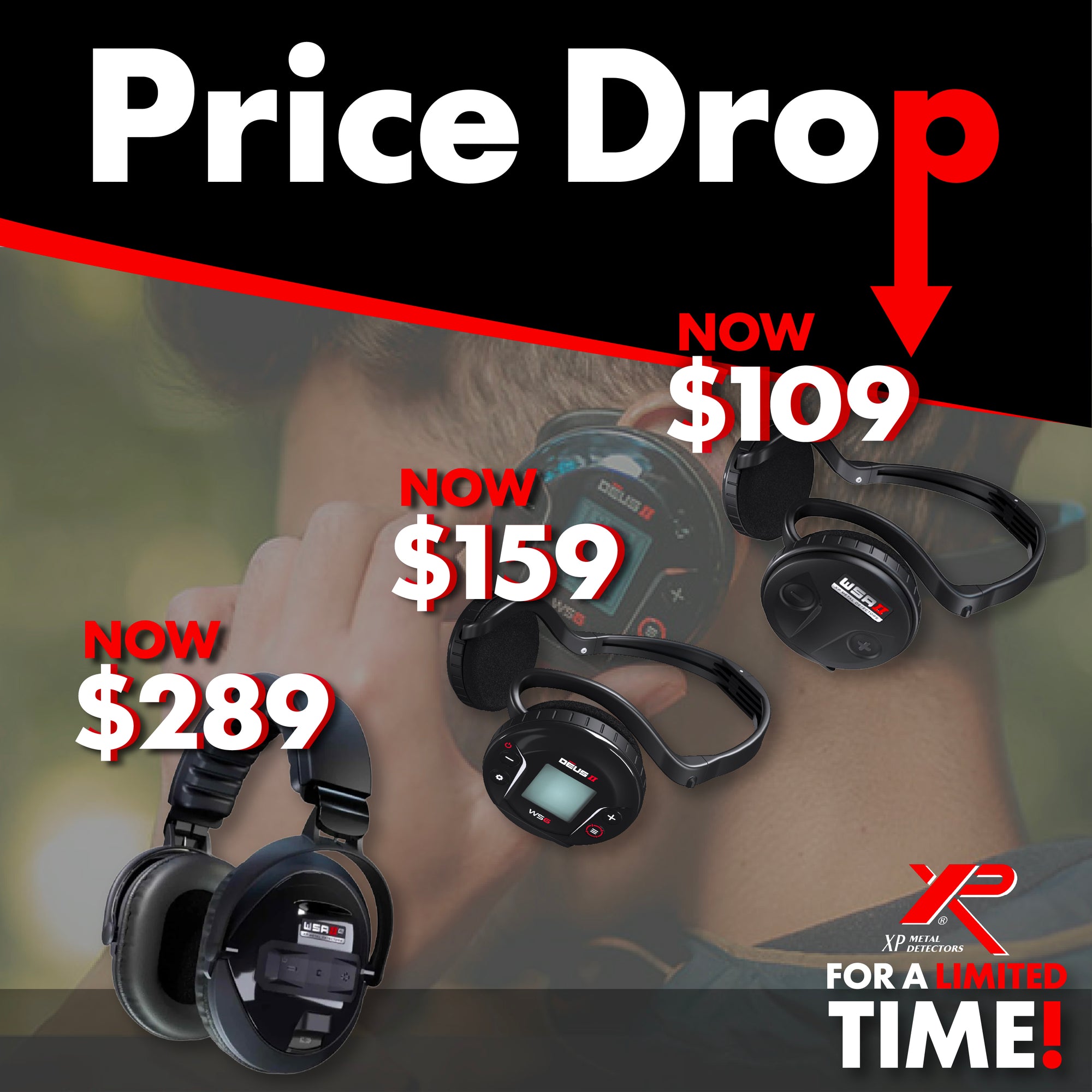 Headphones with price tags and promotional text on a blurred background