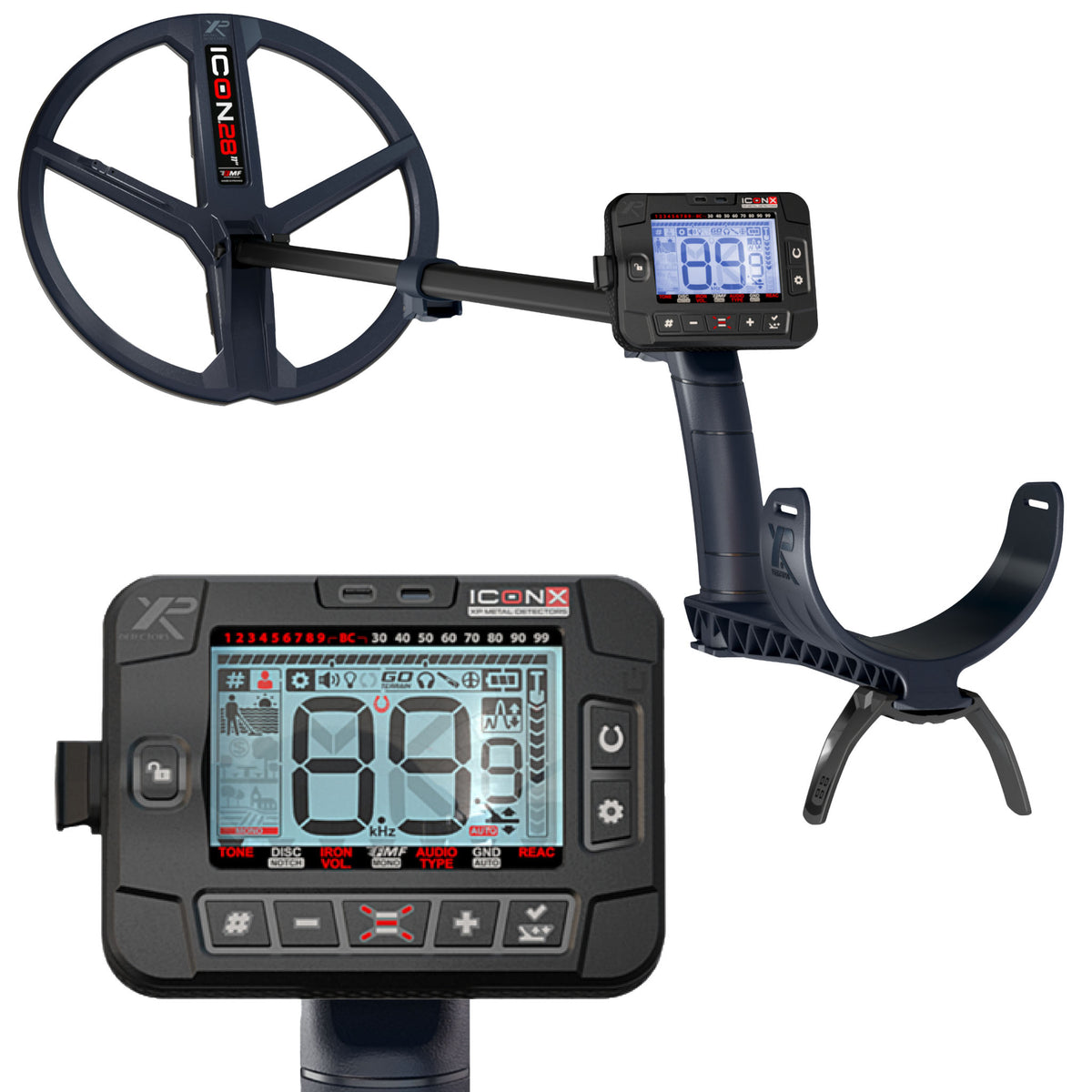 The XP ICON-X multi-frequency metal detector with 11-inch coil shown next to an inset of the control pod on white background