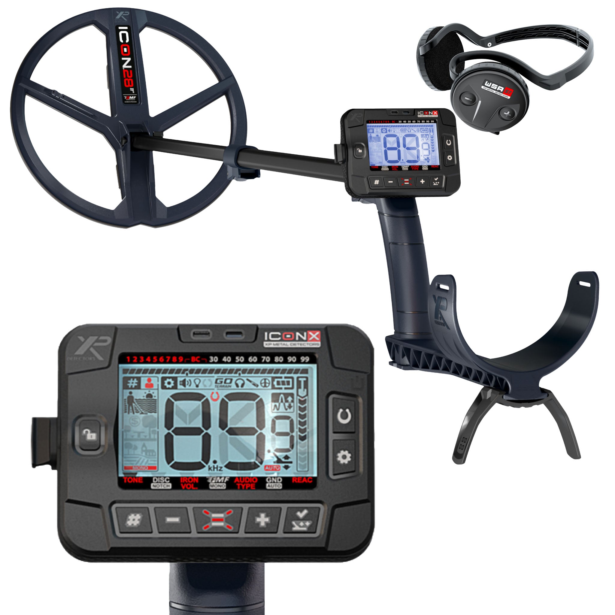 XP ICON-X metal detector with large display, 11-inch coil, wireless headphones, and stand accessories