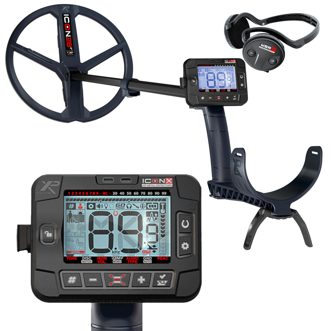 XP ICON-X multi-frequency metal detector with WSA ST wireless headphones and 11-inch coil, shown next to an inset of the control pod