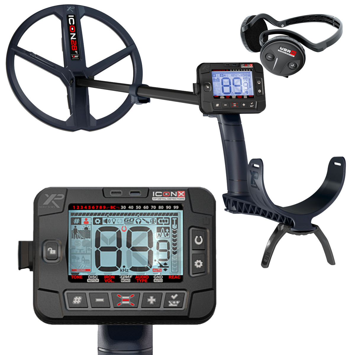 XP ICON-X multi-frequency metal detector with WSA ST wireless headphones and 11-inch coil, shown next to an inset of the control pod