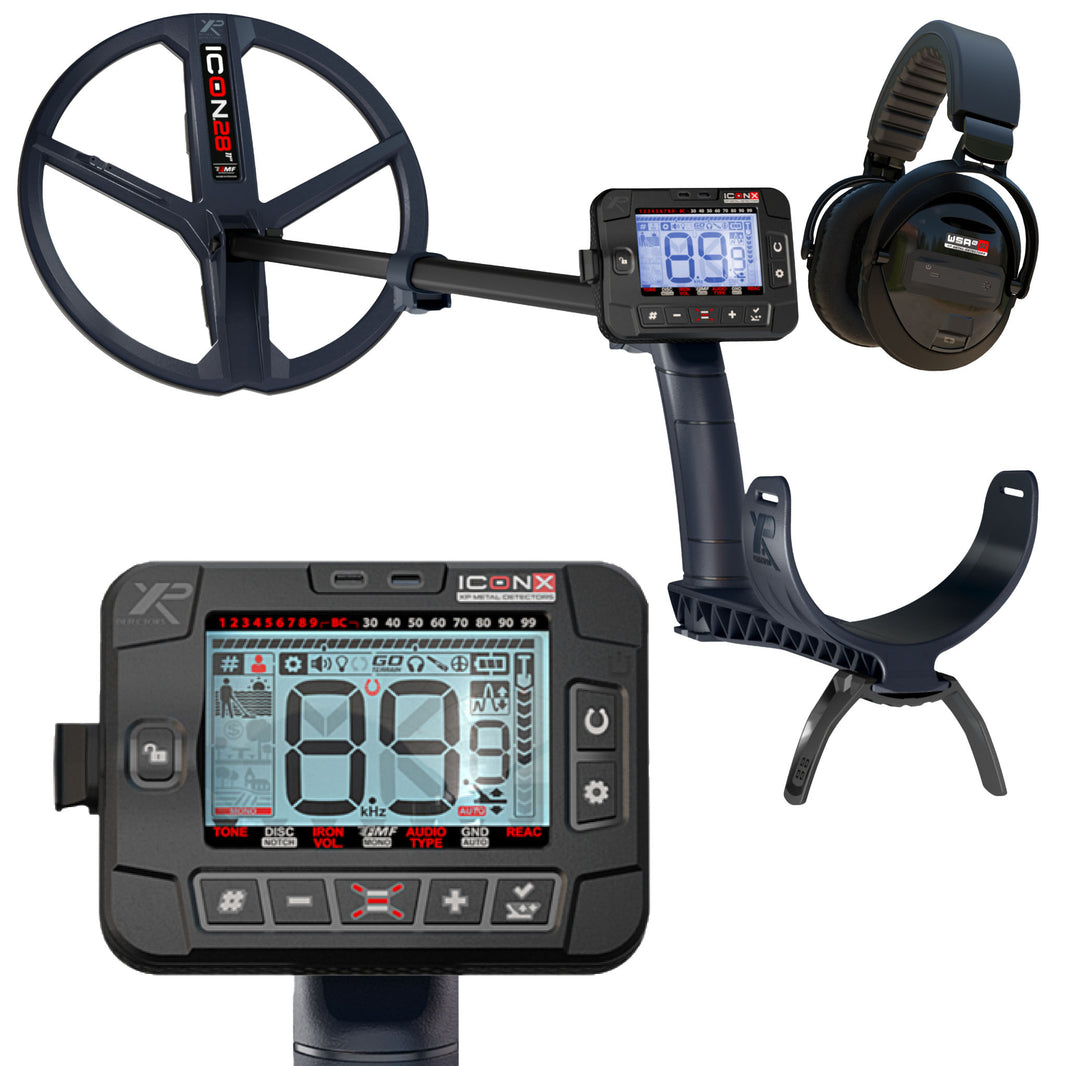 XP ICONX metal detector with 11 inch FMF coil, WSA-XL ST headphones, and close-up of the ICONX display