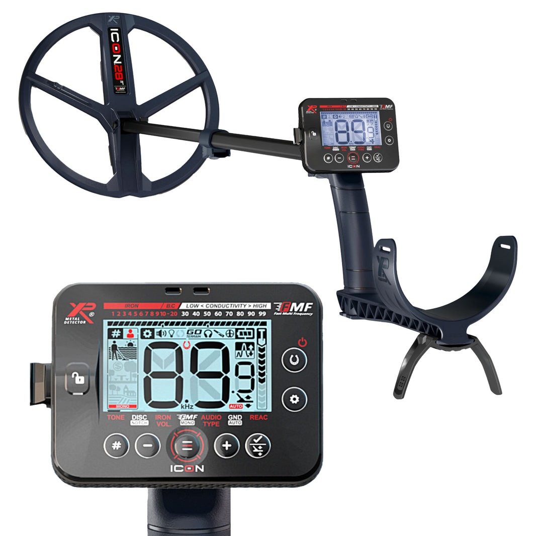 XP ICON multi-frequency metal detector with 11-inch FMF coil, wireless remote control, and collapsible stem