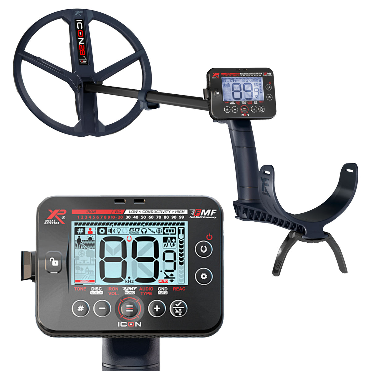 XP ICON multi-frequency metal detector with 11-inch FMF coil, wireless remote control, and collapsible stem