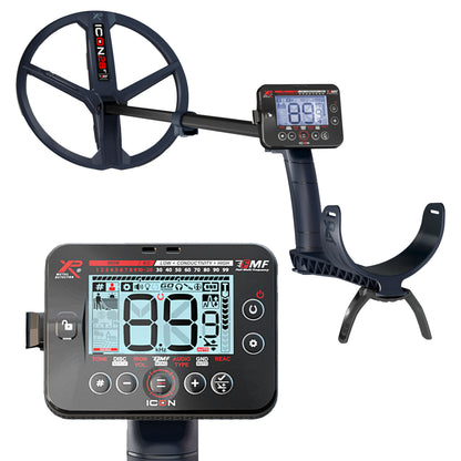 XP ICON multi-frequency metal detector with 11-inch FMF coil, wireless remote control, and collapsible stem