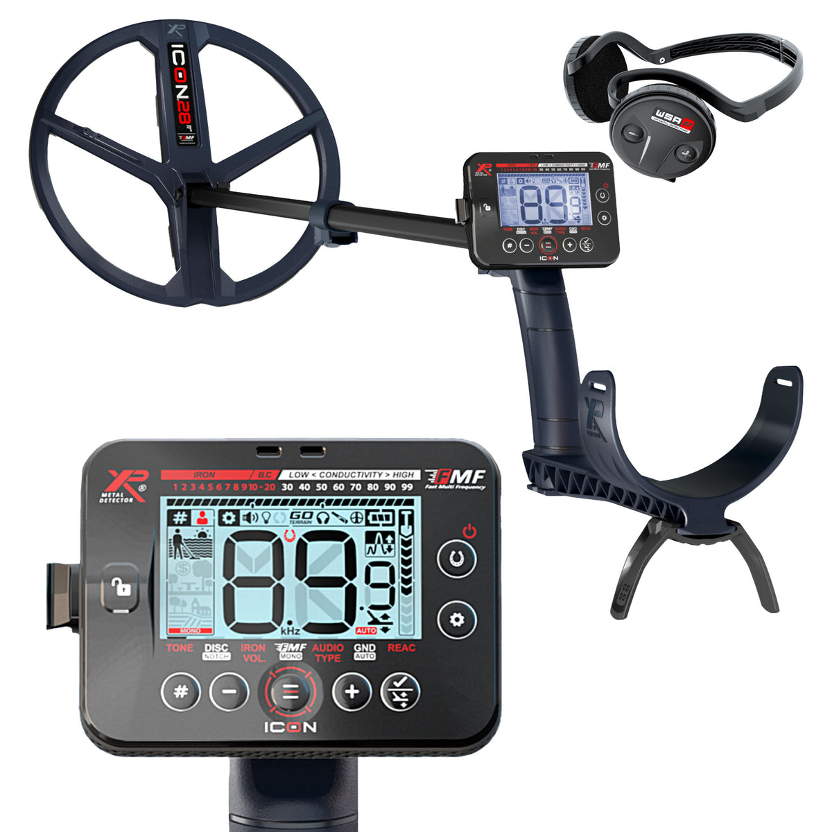 XP ICON multi-frequency metal detector with 11-inch FMF coil, wireless remote, and WSA ST headphones