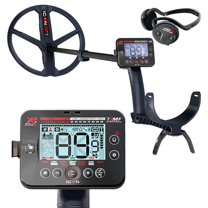 XP ICON multi-frequency metal detector with 11-inch FMF coil, wireless remote, and WSA ST headphones