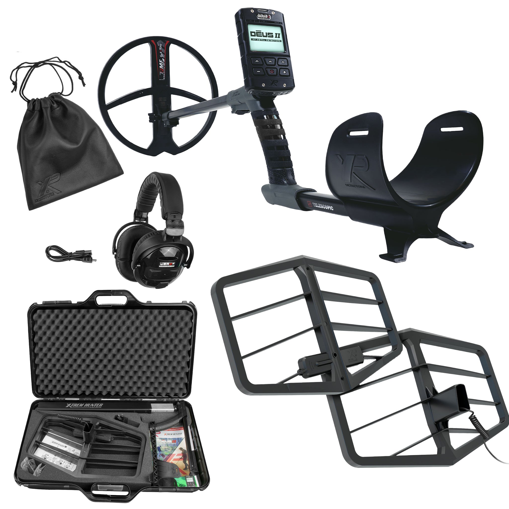 XP Deus II Metal Detector with RC,  11" Coil, WSAII-XL Headphones, and Xtrem Hunter Deep Seeking Coil Bundle