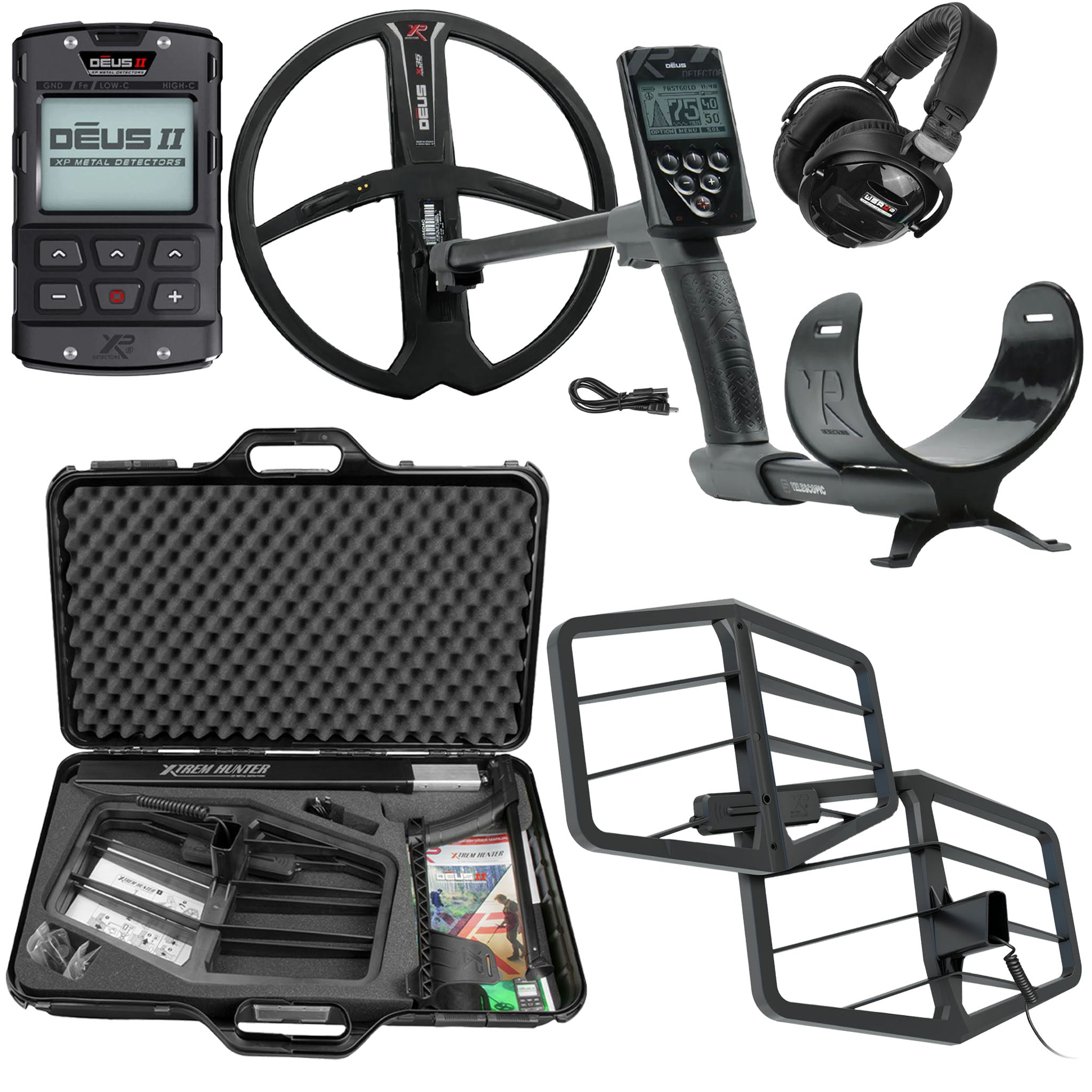 XP Deus II Metal Detector with RC,  11" Coil, WSAII-XL Headphones, and Xtrem Hunter Deep Seeking Coil Bundle