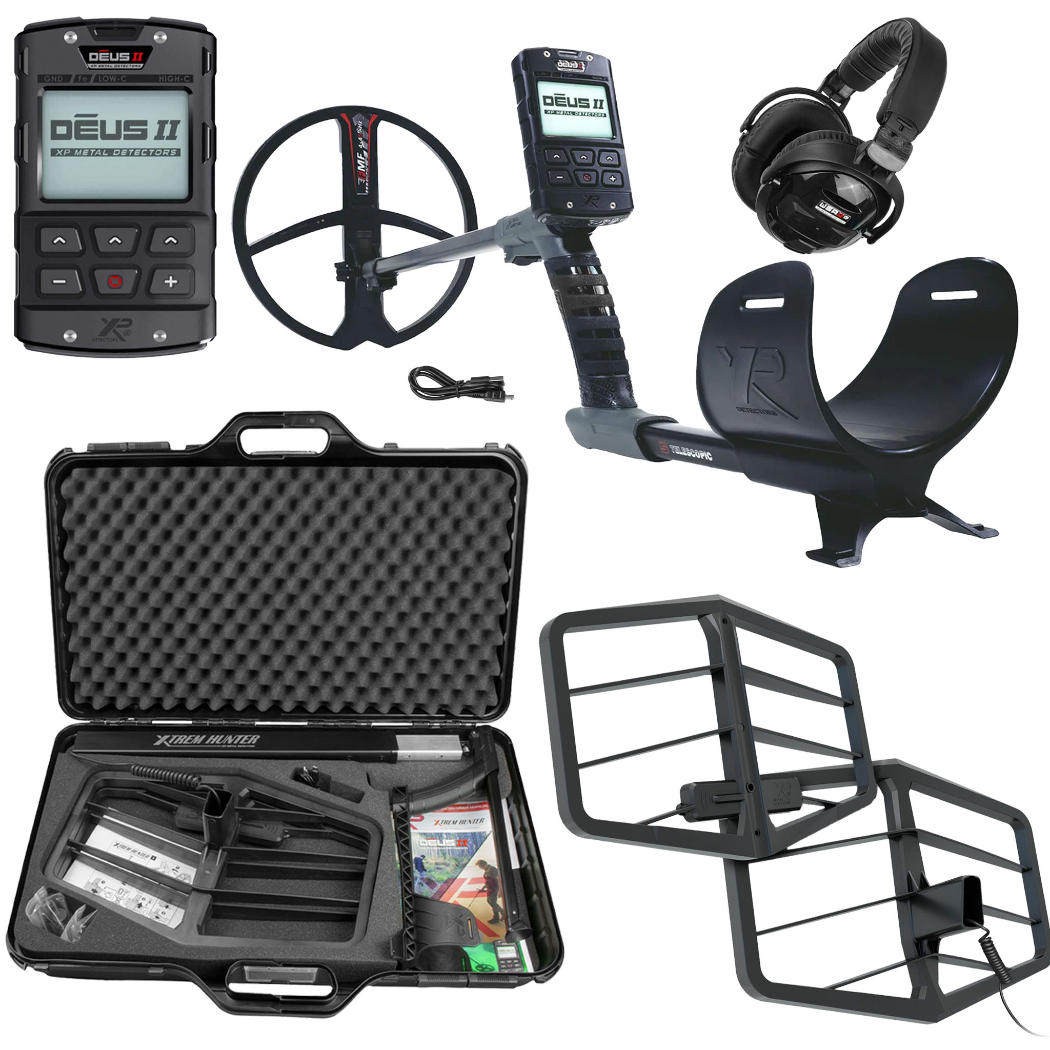 XP Deus II Metal Detector with RC,  11" Coil, WSAII-XL Headphones, and Xtrem Hunter Deep Seeking Coil Bundle