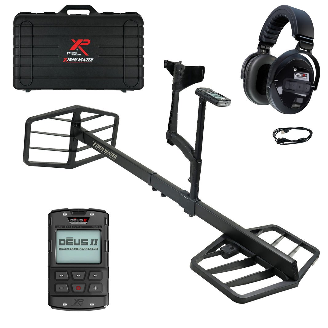 XP XTREM Hunter deep seeking metal detector with dual coils, DEUS II remote control, and wireless headphones.