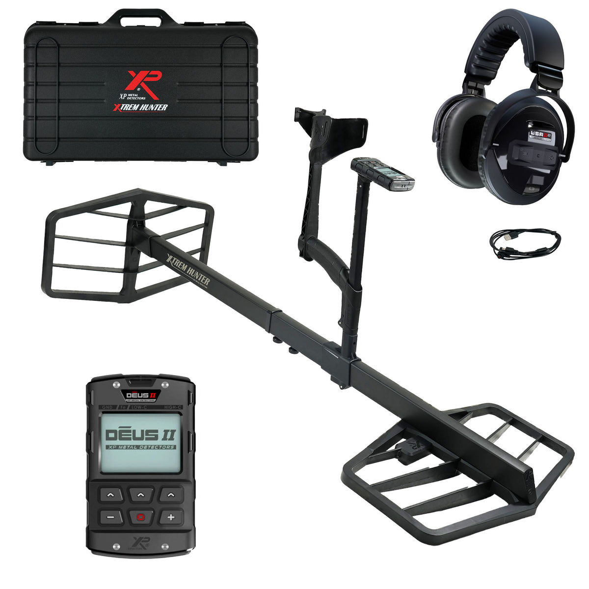 XP XTREM Hunter deep seeking metal detector with dual coils, DEUS II remote control, and wireless headphones.