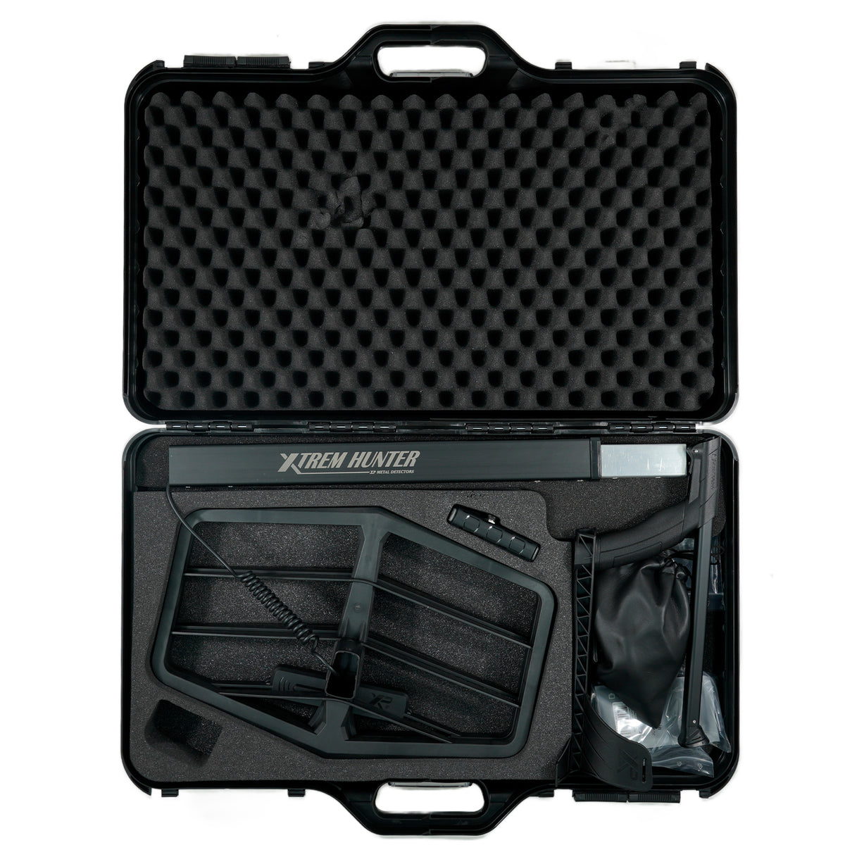 The XP XTREM Hunter metal detector, shown in the protective hard case. 