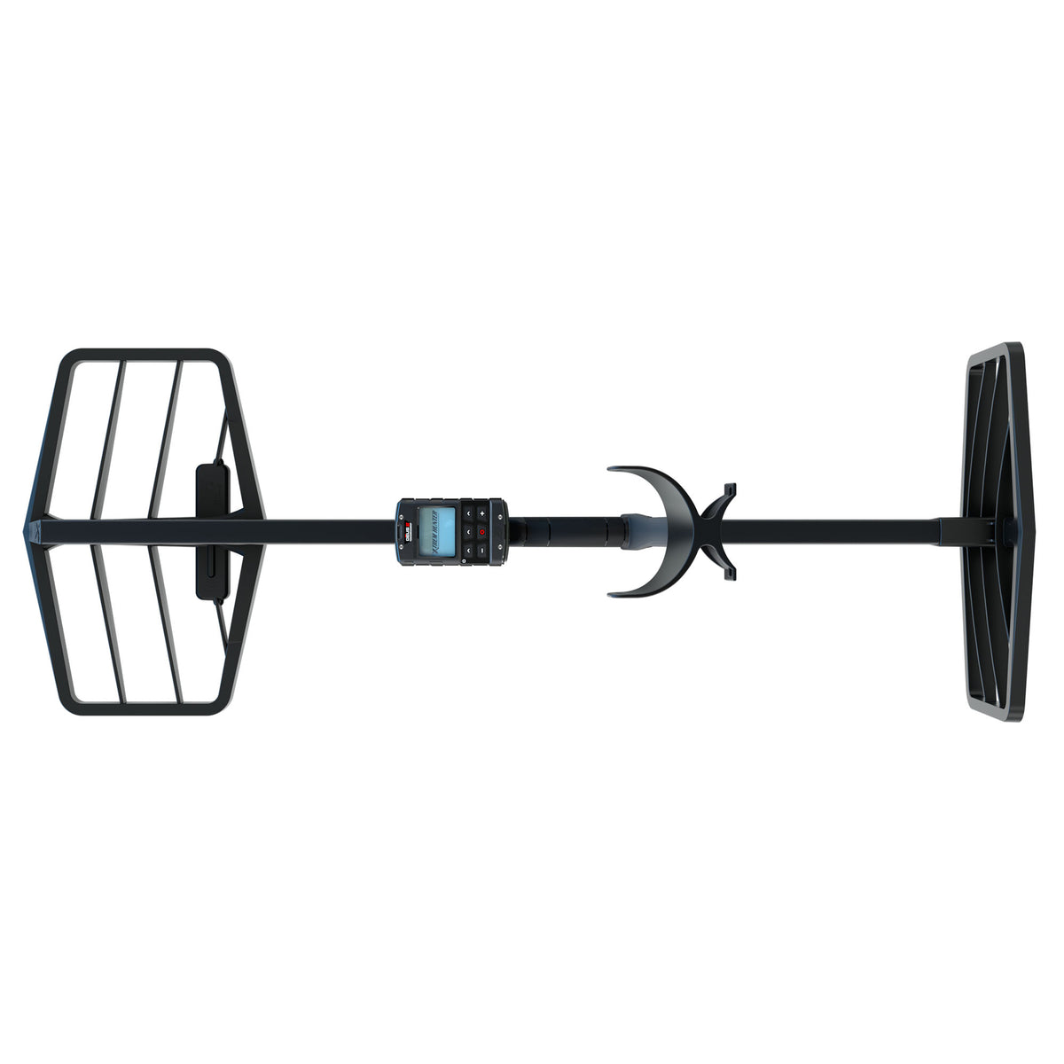 Top view of the XP XTREM Hunter deep seeking metal detector with dual coils and DEUS II remote control.