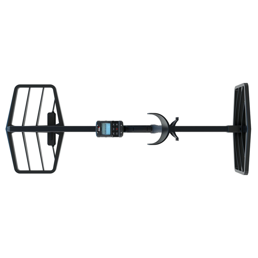 Top view of the XP XTREM Hunter deep seeking metal detector with dual coils and DEUS II remote control.