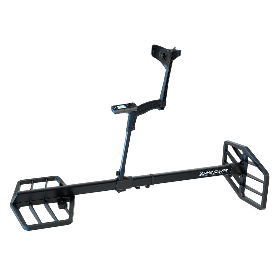 Side view of the XP XTREM Hunter deep seeking metal detector with dual coils and DEUS II remote control.