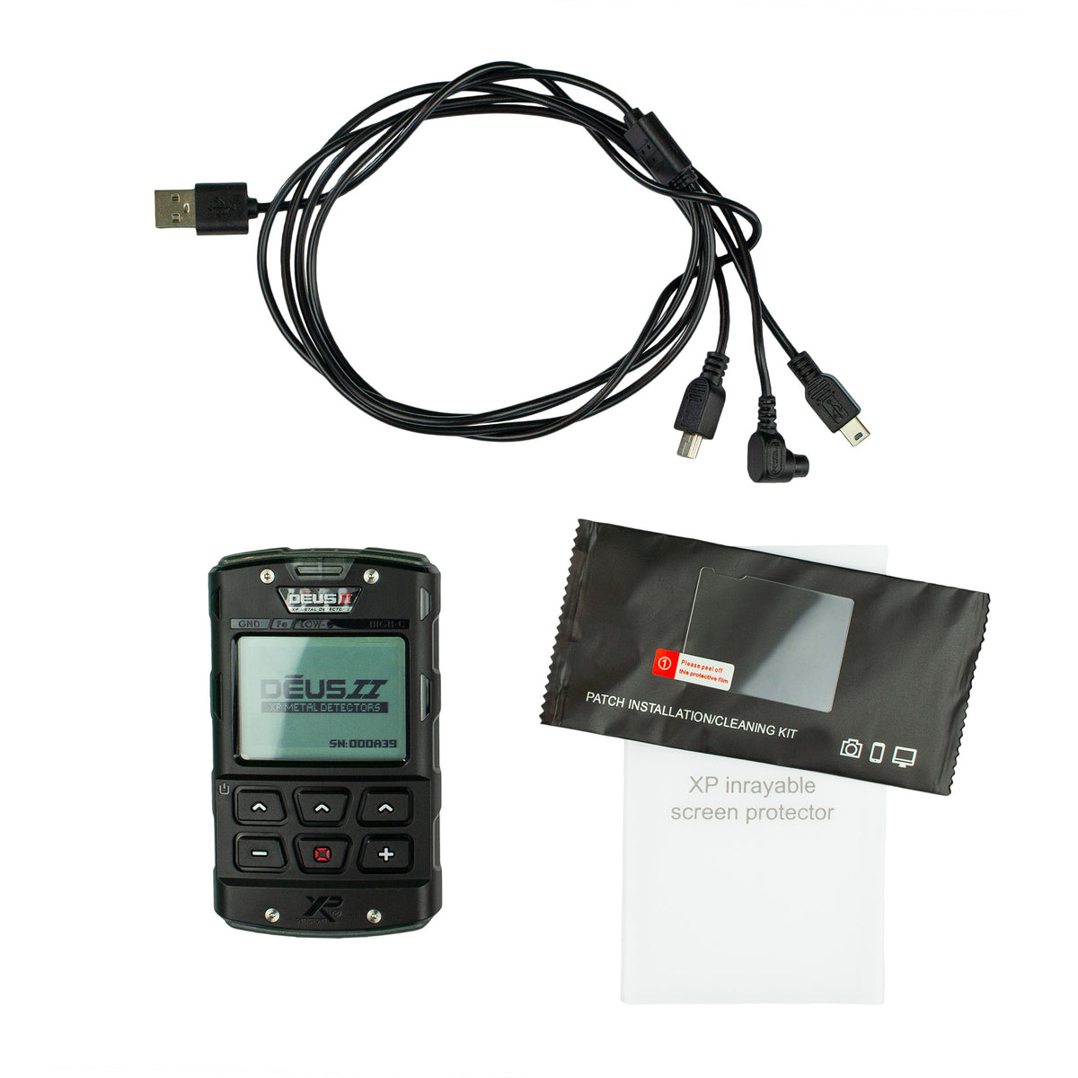 The XP XTREM Hunter remote control, charging cable and screen protector. 
