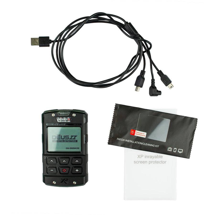 The XP XTREM Hunter remote control, charging cable and screen protector. 