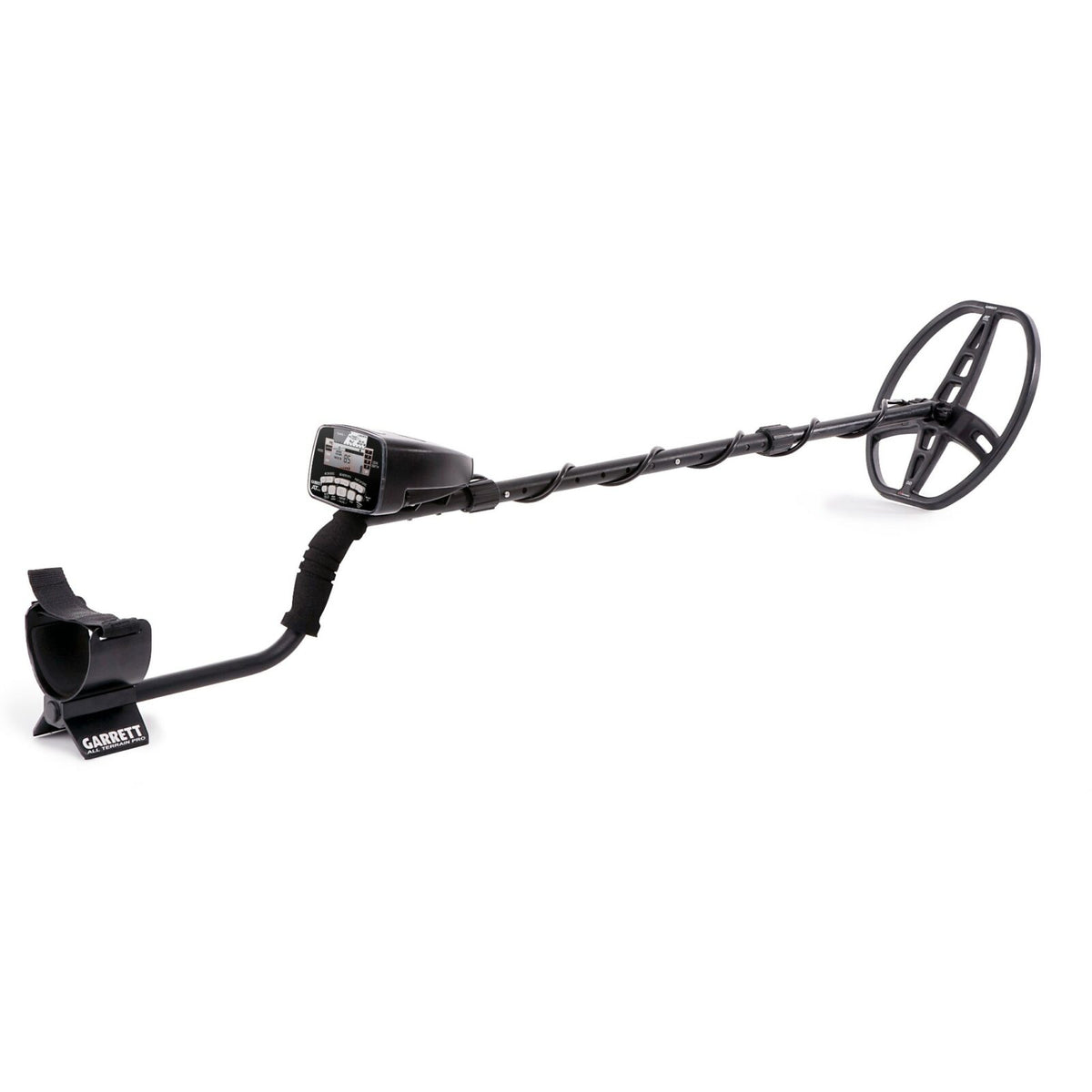 The Garrett AT Pro Metal Detector is shown fully assembled against a white backdrop