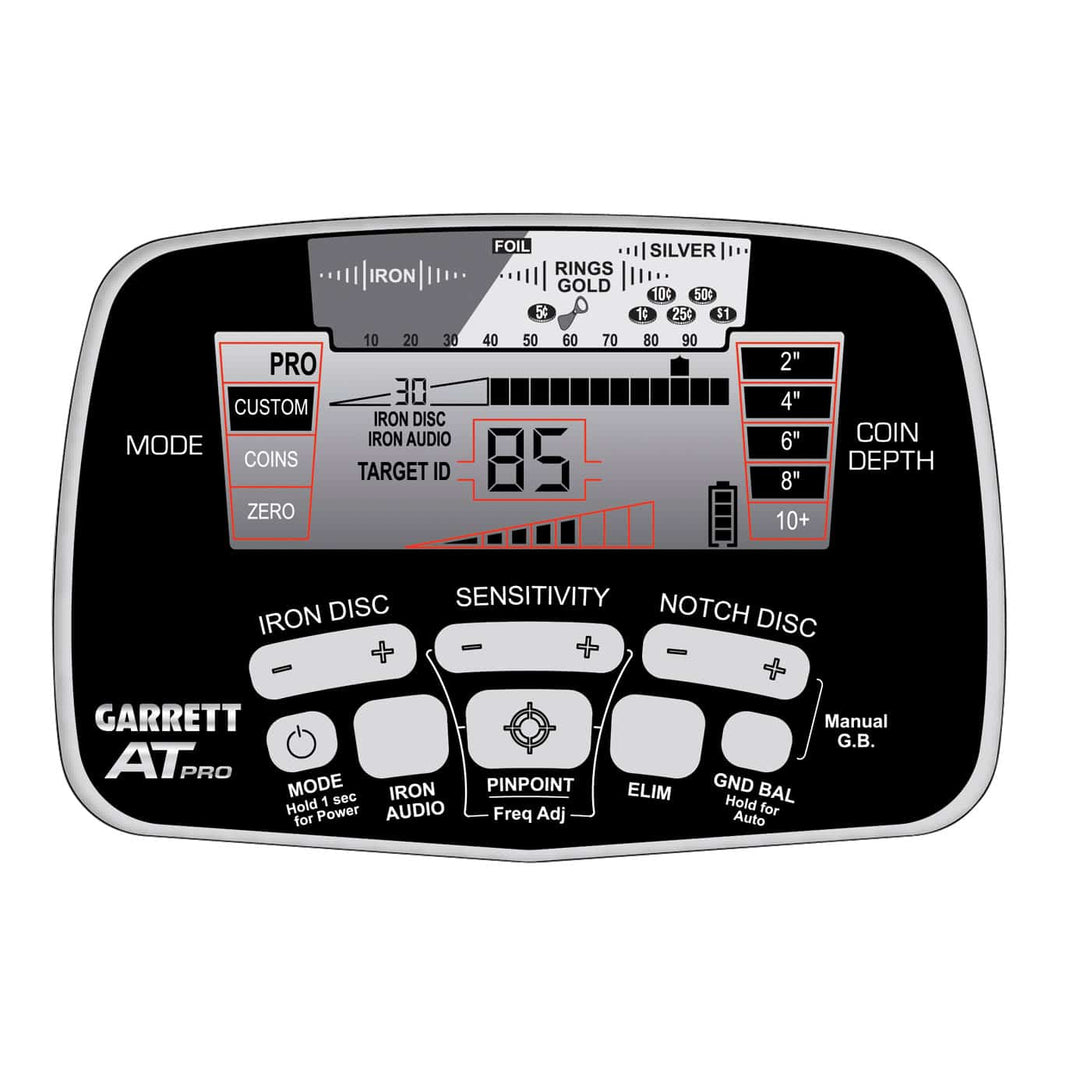 A close up view of the The Garrett AT Pro Metal Detector control pod, showing the display screen, settings and function buttons