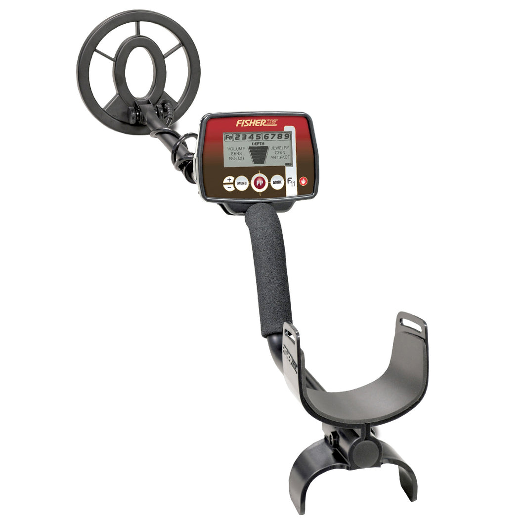 Fisher F11 metal detector full view with 7 inch elliptical coil and S-rod shaft