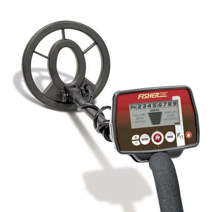 Angled view of the Fisher F11 showing waterproof concentric coil and control pod