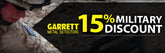 Garrett metal detectors promotion offering a 15% military discount, featuring a soldier in uniform in the background.
