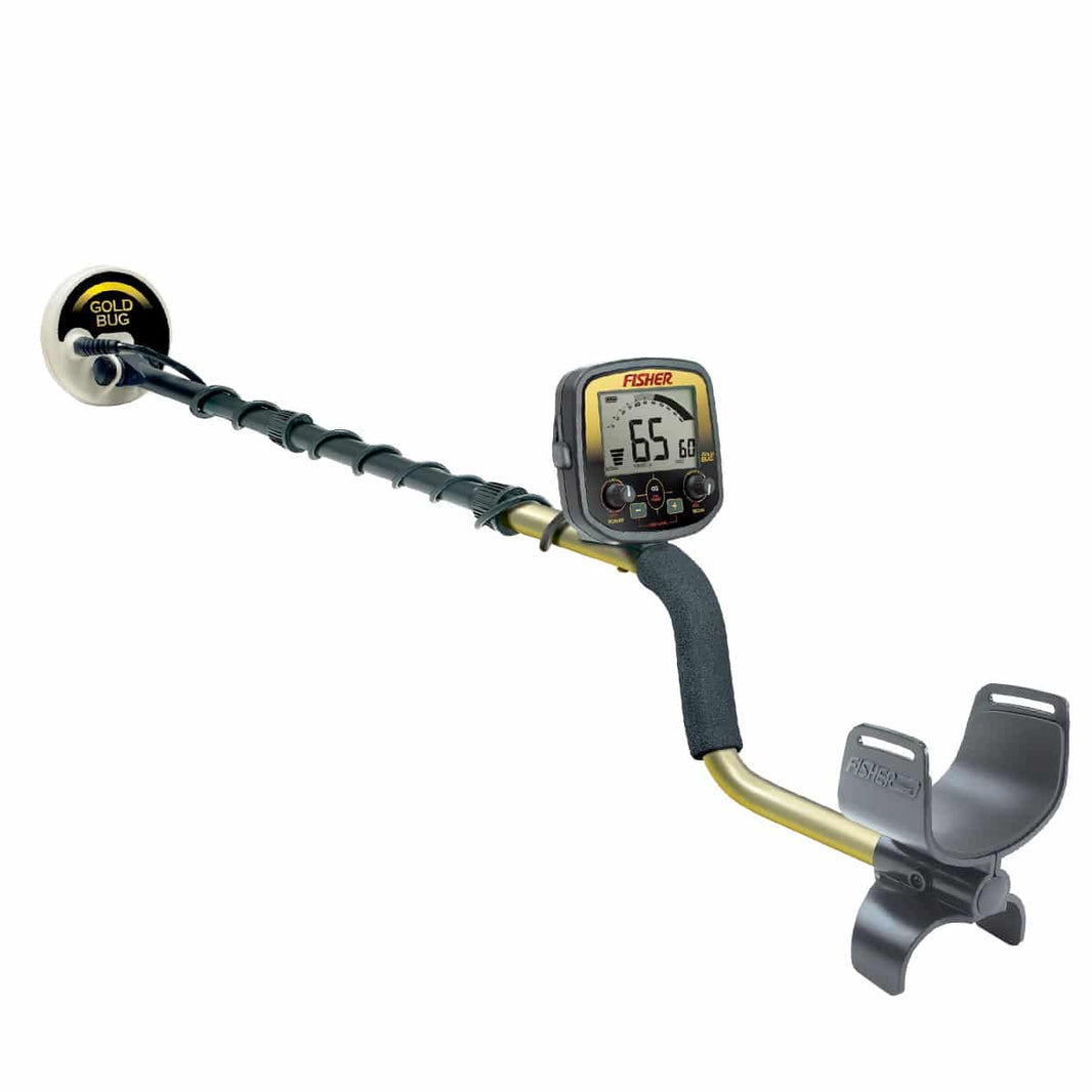 The Fisher Gold Bug metal detector is shown fully assembled against a white background.