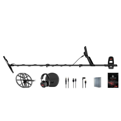 Minelab Manticore fully extended with M11 coil, headphones, cables and guide laid out below