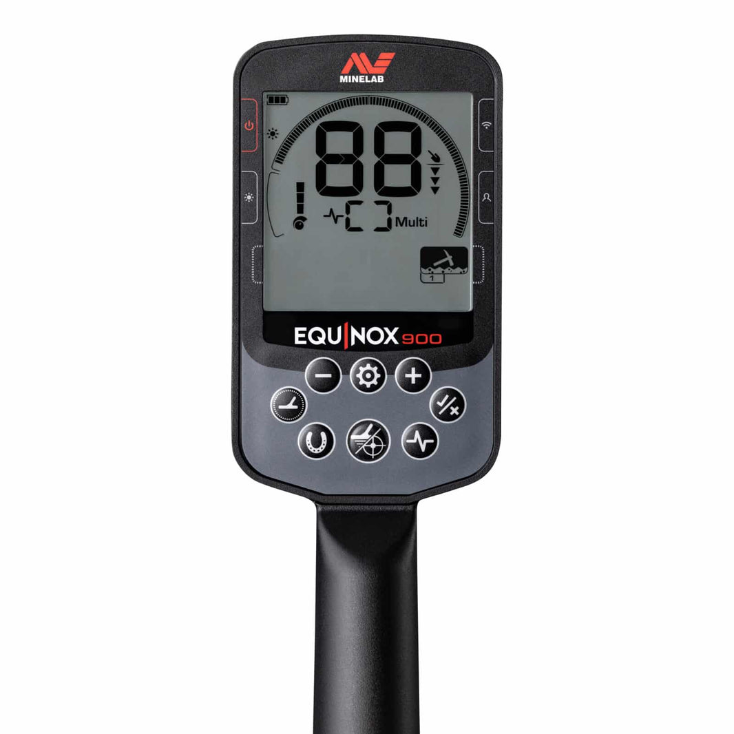Minelab EQUINOX 900 control pod showing target ID display and backlit keypad