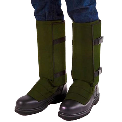 Olive green Snake Guardz displaying quick-release buckle mechanism