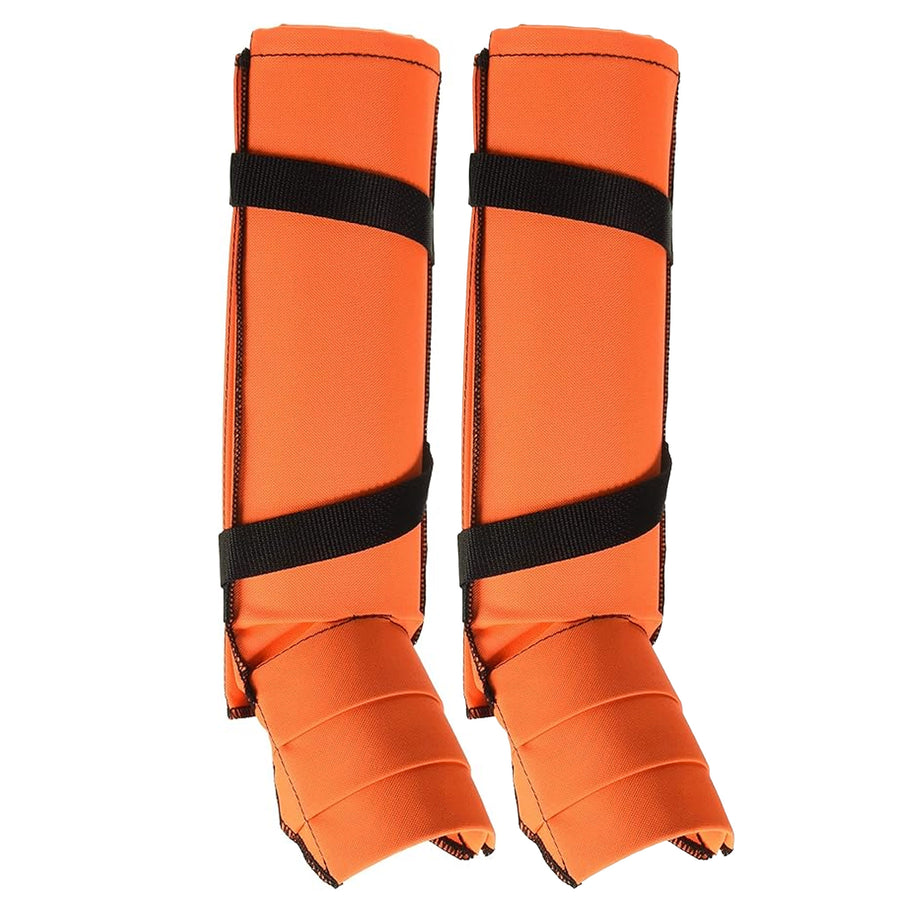 Hunter orange Snake Guardz worn with hiking boots showing leg coverage