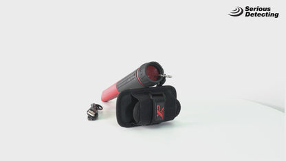 Turntable video of the red and black MI-6 Pinpointer, holster and charging cable, photographed on a white backdrop with the Serious Detecting logo in the corner