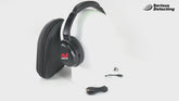video of the Minelab ML 85 Bluetooth Wireless Low Latency Headphones in black color with the Minelab logo visible on the ear cup on a mannequin head with the case and accessories