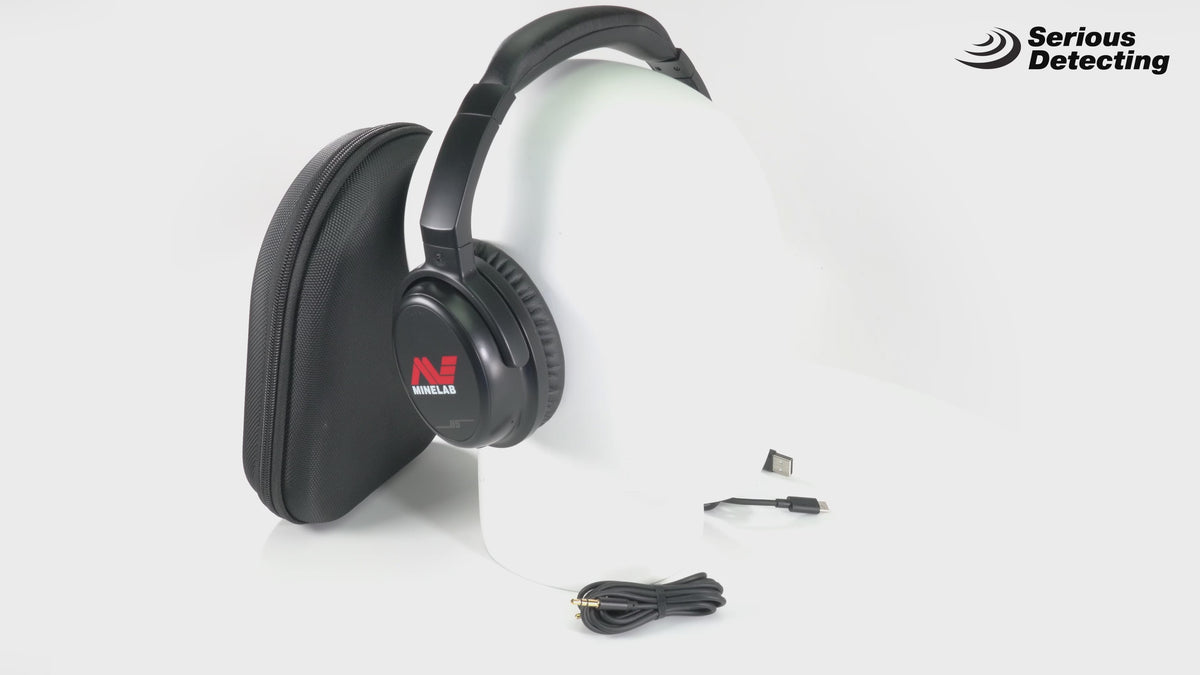 Video of the Minelab ML85 Bluetooth Wireless Low Latency Headphones on a mannequin head, along with the case and accessories