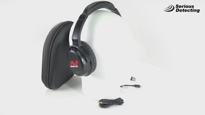 Video of the Minelab ML85 Bluetooth Wireless Low Latency Headphones on a mannequin head, along with the case and accessories