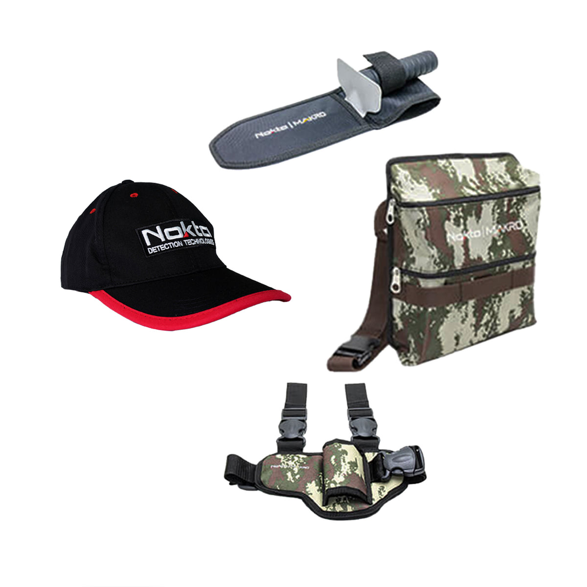 Nokta metal detector starter pack with camo finds pouch, stainless steel digger, cap and holster. 