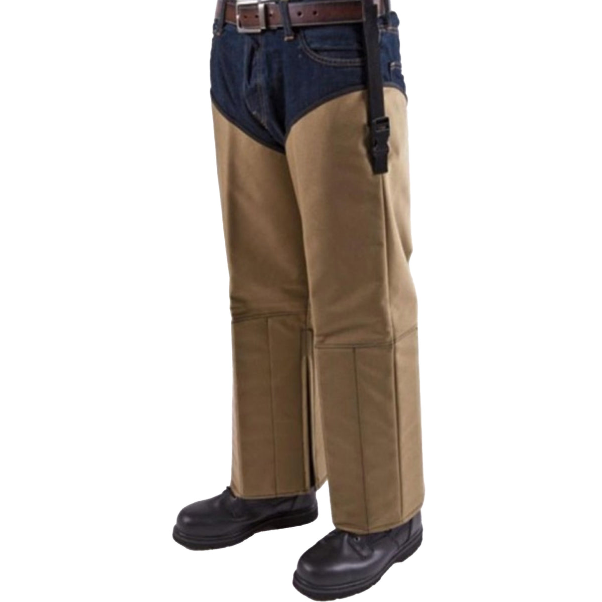 Tan colored Crackshot Snake Chapz showing zipper closure and strap system