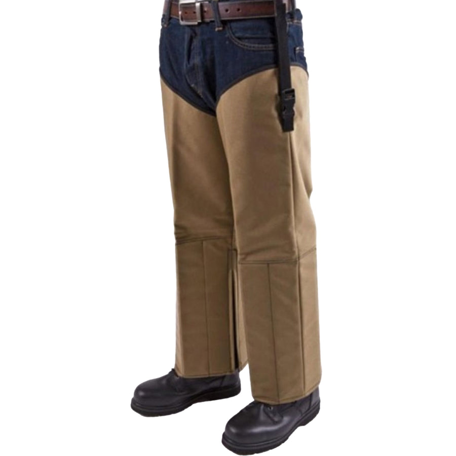 Tan colored Crackshot Snake Chapz showing zipper closure and strap system