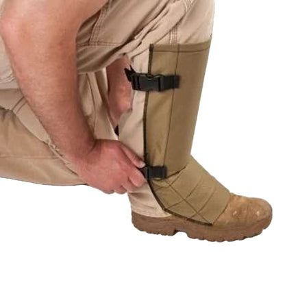 Tan colored Crackshot shin protection with quick-release buckles