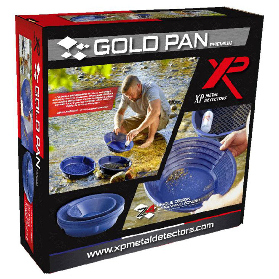 XP Gold Pan Premium Kit with two blue pans, two classifiers, and gold collection accessories laid out
