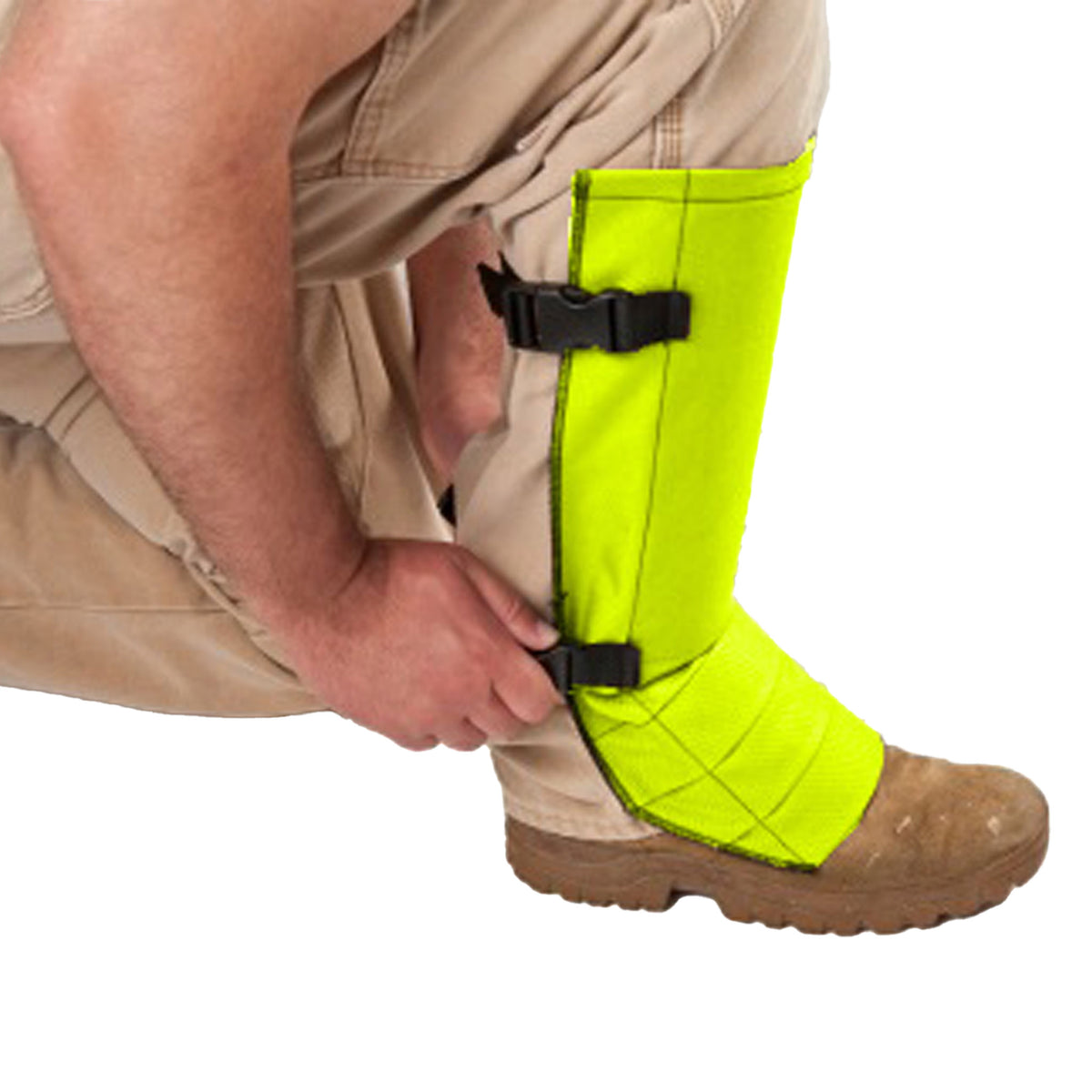 Yellow Crackshot shin guards showing coverage area and strap system
