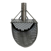 Angled front view of the titanium scoop showing deep bucket and welded handle tube
