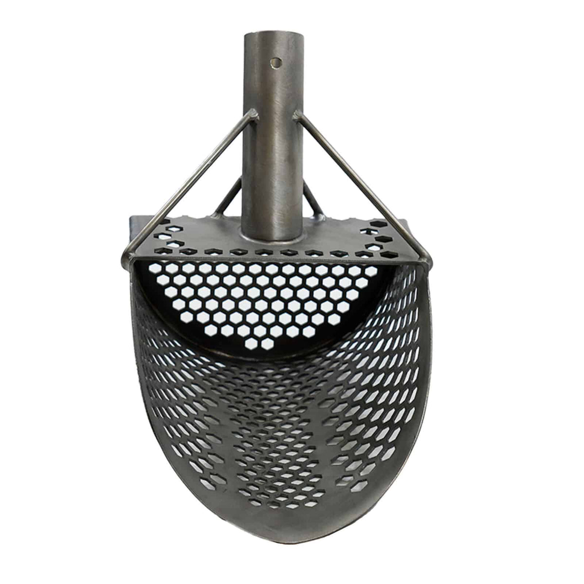 Angled front view of the titanium scoop showing deep bucket and welded handle tube