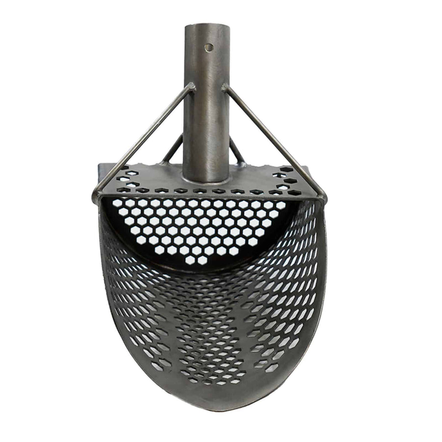 Angled front view of the titanium scoop showing deep bucket and welded handle tube