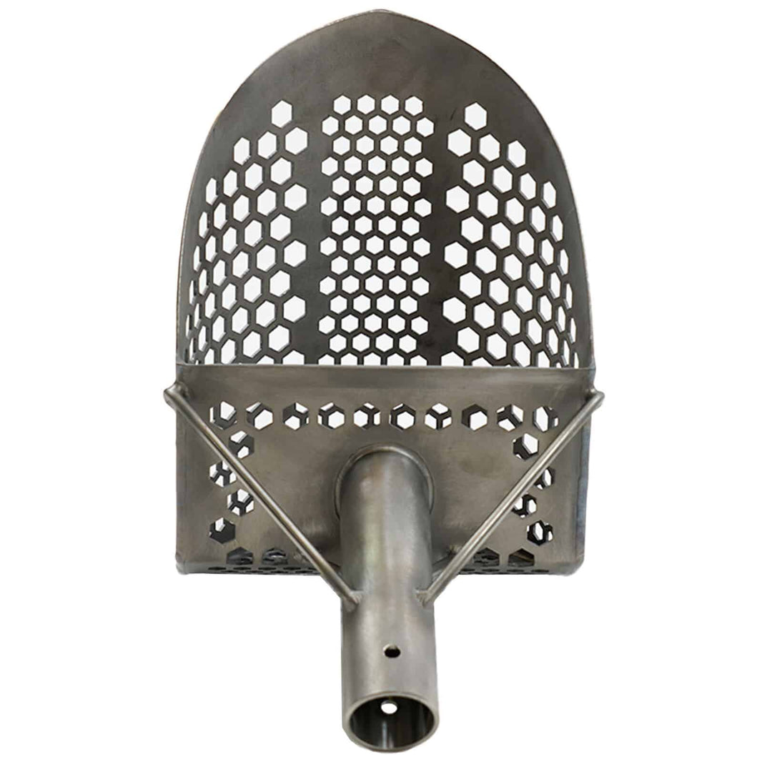 Top view of Loch Ness Mini titanium scoop bucket showing hex mesh and handle tube