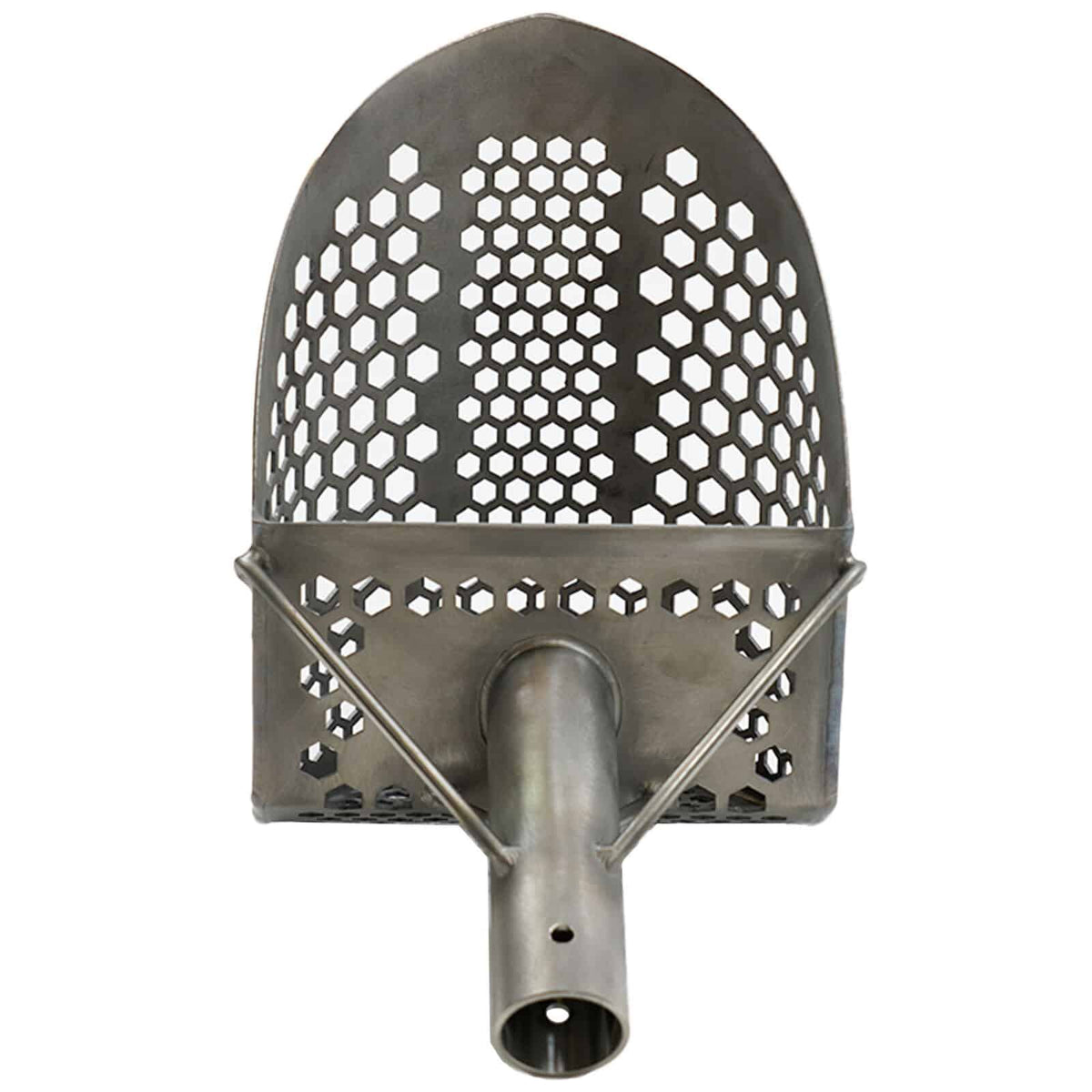 Top view of Loch Ness Mini titanium scoop bucket showing hex mesh and handle tube